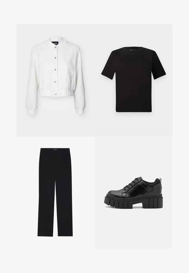 Fehér, rövid bomberdzseki texturált anyagból, hosszú ujjakkal, bordás mandzsettákkal és ezüst színű fémgombos elülső részel.; Fekete, rövid ujjú póló, kerek nyakkal, puha pamutból készült. Egyszerű dizájn, nincs látható logó vagy minta.; Fekete kordbársony nadrág egyenes szabással, lapos derékkal és láthatatlan zsebekkel, sima textúrával és függőleges bordázással.; Fekete bőr platform cipők vaskos blokk sarkakkal, kerek orral és hagyományos fűzős kialakítással. Simára csiszolt felület és minimális részletezés jellemzi.
