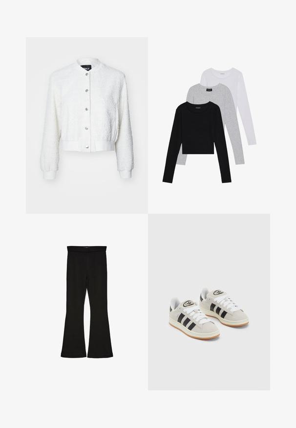 Balta trumpa bomberio striukė su tekstūruotu audiniu, ilgomis rankovėmis, gumuotais rankogaliais ir mygtukų užsegimu, kuriame yra sidabriniai aksesuarai.; Trijų ilgomis rankovėmis marškinėlių krūva: juodas, pilkas ir baltas. Kiekvienas turi apvalų iškirpimą ir trumpą dizainą, pagamintas iš lygaus, lengvo audinio.; Juodos flared tipo legginsai, pagaminti iš tamprios medžiagos. Yra platus juosmuo ir lygus paviršius, su prie kūno priglundančiu siluetu, kuris pločiasi ties apatine dalimi.; Grynos zomšos sneakeriai su baltais raišteliais, juodomis juostelėmis ir balta gumine sole. Turintys apskritą logotipą ant liežuvėlio ir guminę sole.