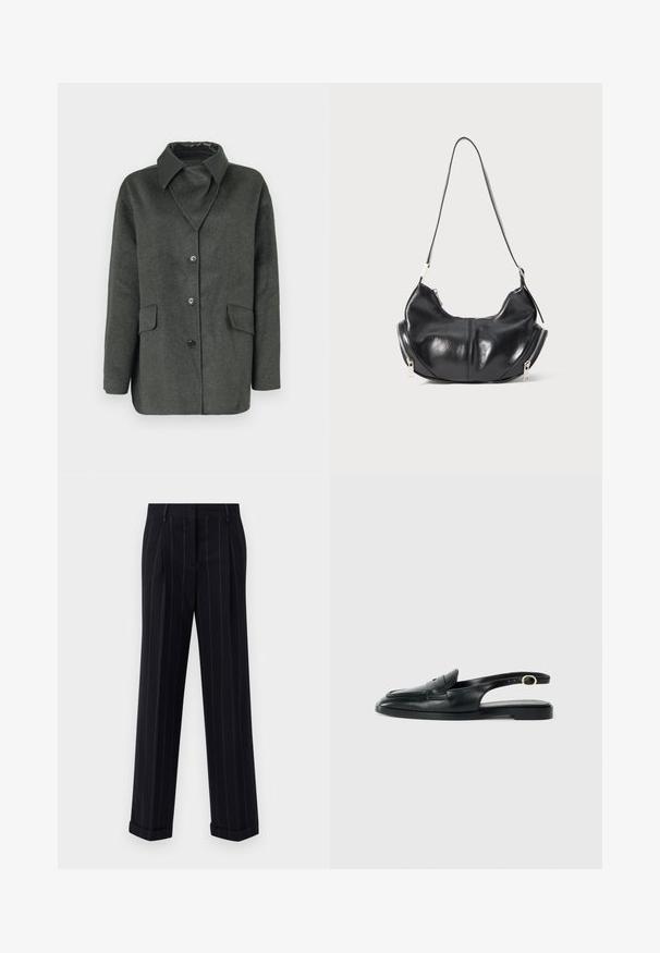 Szary płaszcz z mieszanki wełny, z tradycyjnym kołnierzem, dwoma przednimi kieszeniami i zapięciem na guziki. Posiada gładką czarną podszewkę wewnętrzną.; Czarna koszula z długim rękawem i kołnierzykiem, o pogniecionej teksturze, z pełnym zapięciem na guziki z przodu oraz mankietami. Wykonana z gładkiego materiału.; Czarne spodnie w paski w stylu tailored, z mankietami i fałdami z przodu. Wykonane z gładkiego materiału o strukturalnym fasonie.; Czarne skórzane buty typu slingback z okrągłym noskiem, płaską podeszwą, bocznym wycięciem i paskiem z detalem w złotym odcieniu.; Czarna skórzana torba w kształcie półksiężyca na ramię z srebrnymi zamkami błyskawicznymi po obu stronach i pojedynczym paskiem.