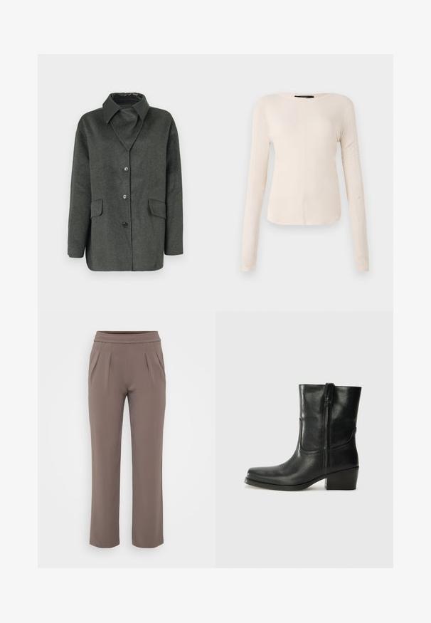 Gray wool-blend coat with a traditional collar, two front pockets, and button closure. Features a smooth black interior lining.; Long-sleeve, light beige top with a round neckline. Made of soft fabric, features a central seam and slightly curved hem. No visible hardware.; Taupe loose-fit trousers with elastic waistband and front pleats, made from smooth fabric.; Black leather ankle boot with a rounded toe, block heel, side zipper, and stitching accents on the vamp. Smooth texture, classic design.