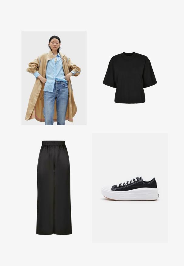 Veste beige oversize avec des accents bleus, portée par-dessus une chemise bleu clair avec un motif subtil, associée à un jean bleu. Tissu lisse et texturé.; T-shirt noir court en coton. Doté de manches courtes et d'un col rond. Texture lisse avec un design simple, sans motifs supplémentaires.; Pantalons larges noirs en tissu lisse et brillant, avec une taille élastique et sans poches ni détails en métal visibles.; Baskets en toile noires avec des lacets blancs, un embout en caoutchouc blanc et une semelle intermédiaire blanche épaisse. Présentent des coutures blanches discrètes et une semelle en gomme.