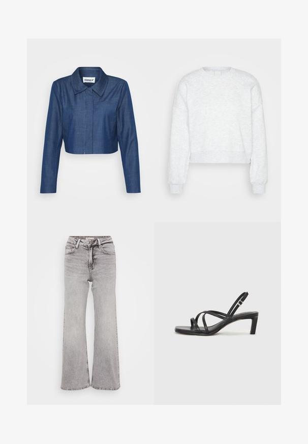 Cropped denim jacket in dark blue, featuring a pointed collar, long sleeves, front pocket, and contrasting stitching details.; Light grey, long-sleeve cropped sweatshirt with ribbed cuffs and high crew neckline, displayed on a plain light background.; Gray wide-leg jeans made of denim, featuring a classic five-pocket design, button closure, and subtle fading for texture.; Black strappy sandal with a square toe and a low block heel. Features multiple thin straps and an adjustable ankle strap. Made of smooth leather.