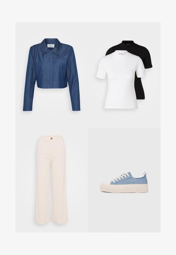 Jaqueta de ganga cropped em azul escuro, com colarinho pontudo, mangas compridas, bolso frontal e detalhes de costura em contraste.; Even&Odd Petite 2 PACK - T-shirt básica - white/black; Calças de perna larga em tecido creme suave, com uma cintura alta, fecho de botão único e detalhes de costura mínimos.; Ténis de lona azul claro com uma biqueira e sola de borracha creme, apresentando atacadores brancos e uma alça na parte de trás.