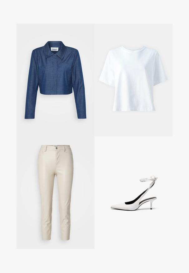 Jaqueta de ganga cropped em azul escuro, com colarinho pontudo, mangas compridas, bolso frontal e detalhes de costura em contraste.; T-shirt de algodão branco com decote redondo, mangas curtas, corte solto e textura suave. Não apresenta padrões ou detalhes visíveis.; Calças de imitação de pele bege com um corte justo, bolsos frontais e fecho de botão, apresentando textura suave e pernas afuniladas.; Sapatos de salto alto brancos com biqueira fina e tiras de calcanhar. Material de couro liso, salto agulha fino e forro interior preto.