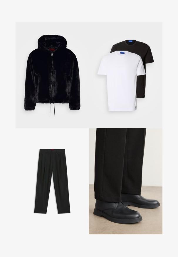 Musta tekoturkis hupparitakki, jossa on vetoketju edessä, kiristysnyöri helmassa ja pehmeä rakenne. Ominaisuuksiin kuuluvat pitkät hihat ja rento istuvuus.; Kaksi T-paitaa pinottuna: yksi valkoinen ja yksi musta. Lyhyet hihat, pyöreät kaula-aukot, puuvillakangasta. Kaula-aukossa pieni sininen logo.; Mustat housut, joissa on poimutettu muotoilu, leveä lahjetyyppi ja sileä pinta. Varustettu punaisella vyötärötagilla.; Mustat nahkakengät, joissa on pyöreä kärki, litteä pohja ja minimaalinen koristelu. Yhdistettyihin korkealaatuisesti tehtyihin mustiin housuihin, jotka näyttävät sileiltä.