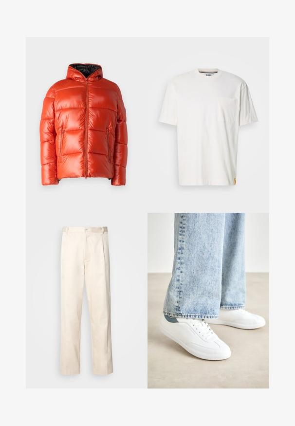 Chaqueta acolchada roja con un acabado brillante, frontal con cremallera y bolsillos laterales. Cuenta con capucha y diseño acolchado para calidez e aislamiento.; Camiseta blanca de algodón con cuello redondo, mangas cortas y bolsillo en el pecho izquierdo. Presenta una pequeña etiqueta de logo en la costura lateral.; Pantalones de algodón beige con corte recto, que cuentan con un cierre de botón y pliegues en la parte frontal para un detalle adicional.; Zapatillas blancas con un material suave, diseño con cordones, suela de goma texturizada y un acento en color teal en el talón, combinadas con unos jeans de color azul claro.