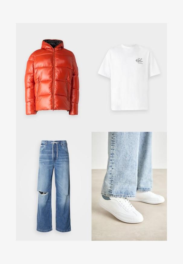 Rdeča napihnjena jakna z sijočo površino, zadrgo spredaj in stranskimi žepi. Ima kapuco in prešito zasnovo za toploto in izolacijo.; Bela bombažna majica s kratkimi rokavi, krožnim izrezom, s črnim CK logotipom na levi strani prsnega dela, standardne velikosti, gladke teksture.; Svetlo modri kavbojke z ohlapnim krojem, z belim vrvico na pasu in izrazitimi raztrganinami spredaj, ki kažejo na odrgnjene robove.; Bele superge iz gladkega materiala, z vezalkami, z teksturiranim gumijastim podplatom in teal akcentom na peti, v kombinaciji z svetlobe modrimi džinsami.