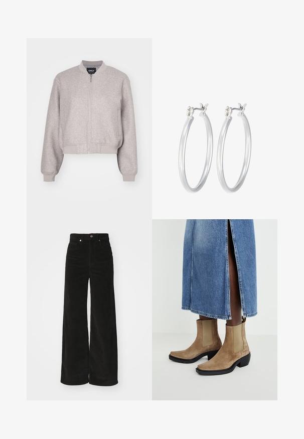 Hall atustatud hall bomber-jakk, mis on valmistatud pehmest kangast. Omab lukuga sulgemist, soonikuid mansette ja kraed. Lihtne kujundus ilma täiendavate aksessuaarideta.; Bež kampsärg tumesiniste horisontaalsete triipudega, kõrge kraega ja poolsiidiga sulgemisega. Valmistatud tekstuurilisest kudumifabricist, ribidega mansettidega.; Mustardid mustad laiad püksid kõrge vöökoht, millel on kaks eesmist taskut ja metall-nupuga sulgemine. Tekstuuriga kangas koos vertikaalsete vöönditega.; Küpsetatud nahast vasika-kõrgused saapad beežides toonides, elastsete külgpanelitega ja musta plokkninakuga. Kantud helesinise teksaseeliku kõrval lõhikuga.; Hõbedased rõngaskõrvarõngad, millel on sile, läikiv viimistlus. Ümmargune kuju ja turvaline klõpsulatus. Kerge disain, sobib igapäevaseks kandmiseks.