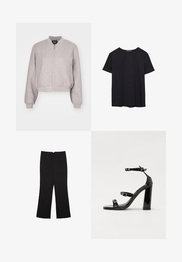 Gray cropped bomber jacket made of soft fabric. Features a zipper closure, ribbed cuffs, and collar. Simple design with no additional accents.; Plain short-sleeve black cotton T-shirt with crew neck, displayed on a white background.; Black trousers with a straight fit, featuring front pockets and side slits at the hem. Made of soft, smooth fabric. Suitable for various occasions.; Black patent heeled sandals with a square toe, ankle straps, and silver buckles. Features a chunky block heel for stability.