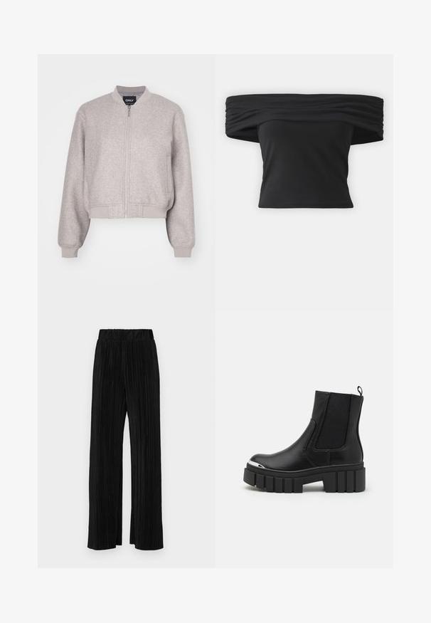 Szürke, rövid fazonú bomber dzseki puha anyagból. Cipzáros záródással, bordázott mandzsettákkal és gallérral rendelkezik. Egyszerű dizájn, további díszítések nélkül.; Fekete, vállon túl viselhető felső, a nyakrésznél redőzött textúrával, rövid ruhaujjakkal és fitted cropped fazonnal. Rugalmas anyagból készült.; Fekete pliszírozott nadrág gumis derekkal. Széles lábakkal rendelkezik, sima, texturált anyagból készült, függőleges csíkokkal.; Fekete boka csizmák sima bőrből, elasztikus panelek, vastag platform talp és fém orrrész jellemzi őket.