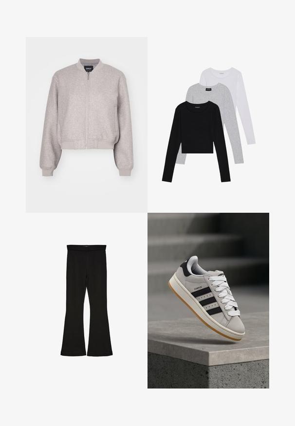 Veste bomber grise coupée en tissu doux. Équipée d'une fermeture éclair, de poignets et d'un col côtelés. Design simple sans accents supplémentaires.; Trois hauts à manches longues empilés : noir, gris et blanc. Chacun a un col rond et un design court avec un tissu lisse et léger.; Leggings évasés noirs en tissu extensible. Présentent une taille large et une texture lisse, avec une coupe ajustée qui s'évasent au bas.; Baskets Adidas Campus grises avec des rayures noires et des lacets blancs flottant au-dessus d'un rebord en béton avec des escaliers en arrière-plan.