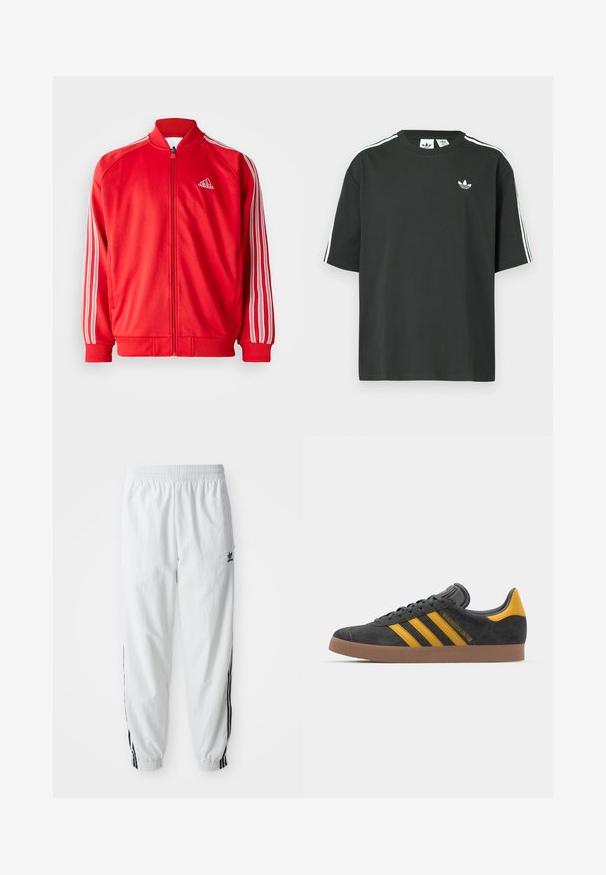 Raudona sportinė striukė su aukštu apykakle, priekyje užtrauktuku, baltais trimis juostelėmis ant rankovių ir grotelių rankogaliais bei apačia. Logotipas ant krūtinės.; Juoda medvilninė trumpų rankovių marškinėliai su apvalia apykakle ir trimis baltomis juostelėmis ant pečių. Priekyje yra mažas baltas logotipas.; Balti sportiniai kelnių su juodomis šoninėmis juostelėmis, elastinga juosmens juosta ir rankovėmis; kairiame šlaunyje yra Adidas logotipas. Lygus audinio paviršius.; Juodas zomšinės sportbačiai su geltonais akcentais, turintys tris juosteles ir rudą gumos padą. Apima paminkštintą liežuvėlį patogumui.