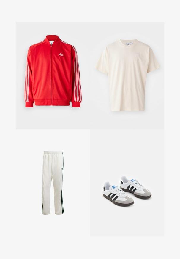 Raudona sportinė striukė su aukštu apykakle, priekyje užtrauktuku, baltais trimis juostelėmis ant rankovių ir grotelių rankogaliais bei apačia. Logotipas ant krūtinės.; Kremo spalvos medvilnės marškinėliai su apvaliu iškirpimu ir trumpomis rankovėmis; ant krūtinės yra mažas, šviesios spalvos logotipas.; Baldos sportinės kelnės su žaliomis šoninėmis juostelėmis, elastingu juosmeniu ir logotipu kairėje viršutinėje pusėje. Pagamintos iš lengvos medžiagos.; Sportiniai batai su balta odine viršutine dalimi, pilku zomšiniu priekiu ir trimis juodomis juostelėmis. Ant liežuvio yra mėlynas logotipas, o padas pagamintas iš tekstūruoto gumos.