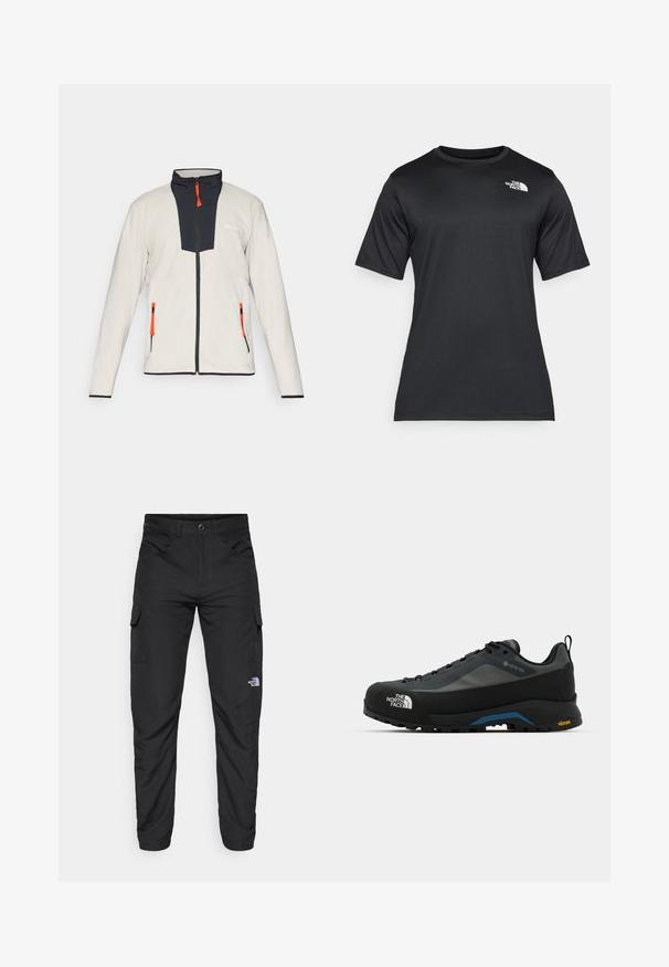 Šviesiai pilkas fliso džemperis su tamsiai mėlynu priekiu, oranžiniais užtrauktukų traukikliais ir dviem užtraukiamomis kišenėmis. Turi aukštą apykaklę ir juodus akcentus.; Juoda trumpų rankovių marškinėliai, pagaminti iš lengvos, drėgmę praleidžiančios medžiagos. Viršuje kairėje krūtinės pusėje yra balta logotipo etiketė, o apykaklė yra klasikinio stiliaus.; The North Face HORIZON PANT - Lauko kelnės - black; The North Face VERTO ALPINE GORE TEX - Turistiniai batai - asphalt grey/tnf black