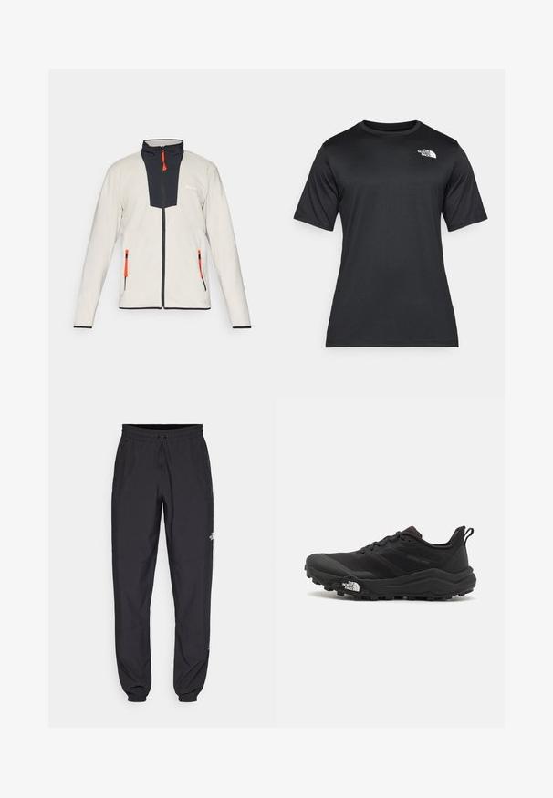 Lysegrå fleecejakke med en marineblå frontpanel, oransje glidelåser og to glidelåslommer. Har en høy krage og svarte detaljer.; Svart t-skjorte med korte ermer laget av lett, fukttransporterende stoff. Har en hvit logo på venstre bryst og rund hals.; Sorte idrettsbukser laget av lett stoff, med snor i livet, sidelommer og smale mansjetter ved anklene.; Svart terrengløpesko med teksturert overdel, gummisåle og forsterket tåhette. Har polstret krage og løftestropp for enkel påkledning.