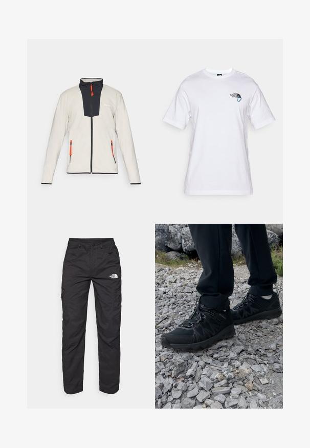 Lichtgrijze fleece jas met een marineblauw voorpaneel, oranje ritsen, en twee ritszakken. Bevat een hoge kraag en zwarte accenten.; The North Face EXPLORE CARABINER RELAXED TEE UNISEX - T-shirt print - white; Zwarte cargobroek van lichtgewicht stof. Voorzien van ritszakken aan de zijkant en een logo op de linker bovenbeen. Recht model.; Zwarte buitenschoenen van mesh en synthetisch materiaal, met een gestructureerd bovenwerk, een beveiligd vetersysteem en een robuuste zool, op een ruig terrein.