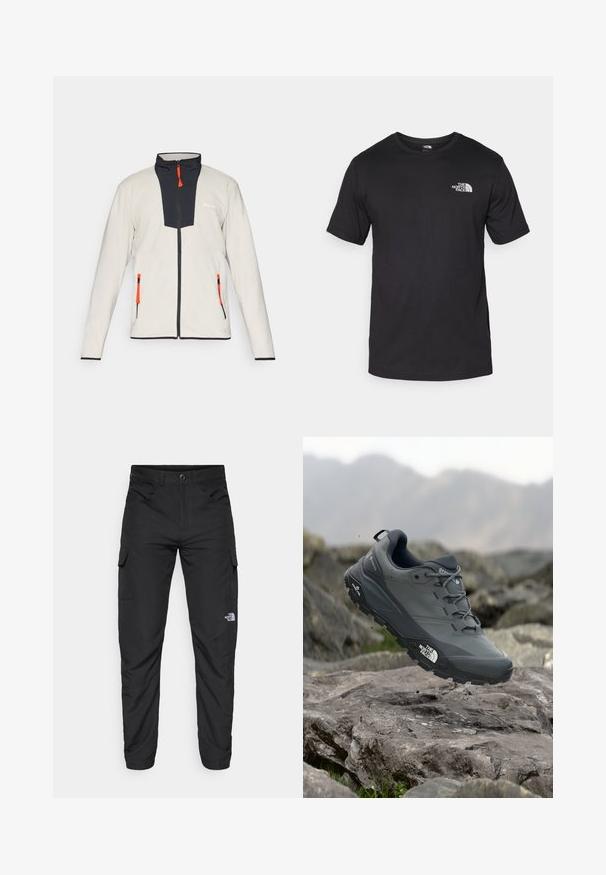 Lysegrå fleecejakke med en marineblå frontpanel, oransje glidelåser og to glidelåslommer. Har en høy krage og svarte detaljer.; Svart kortermet t-skjorte laget av bomull, med rund hals og en liten hvit logo på øvre venstre brystområde.; The North Face HORIZON PANT - Friluftsbukser - black; Grå terrengløpesko med en teksturert overdel, slitesterk gummisåle og forsterket tåhette. Inkluderer snørebånd og merkevarelogo på siden.