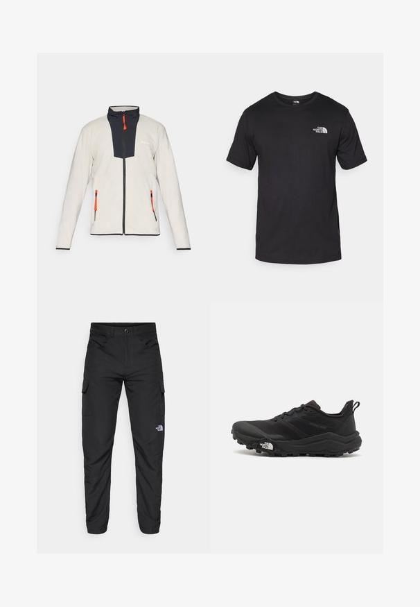 Giacca in pile grigia chiara con pannello frontale blu navy, con tira zip arancioni e due tasche con zip. Presenta un colletto alto e dettagli neri.; T-shirt nera a maniche corte in cotone, con scollatura rotonda e un piccolo logo bianco nell'area superiore sinistra del petto.; The North Face HORIZON PANT - Pantaloni outdoor - black; Scarpa da trail running nera con tomaia texture, suola in gomma e punta rinforzata. Presenta un collare imbottito e un tassello per un indossamento facile.