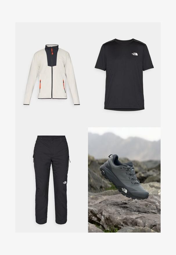 Casaco de fleece cinza claro com um painel frontal azul-marinho, puxadores de zíper laranja e dois bolsos com zíper. Apresenta um colarinho alto e detalhes em preto.; T-shirt preto de manga curta feito de um tecido leve. Apresenta um pequeno logo branco ao lado esquerdo do peito e detalhes subtis nos ombros.; The North Face WINTER EXPLORATION TAPERED CARGO - Calças para exterior - black; Sapatilha de corrida em trilhos cinza com um cabedal texturizado, sola de borracha durável e ponteira reforçada. Apresenta atacadores e o logótipo da marca de lado.