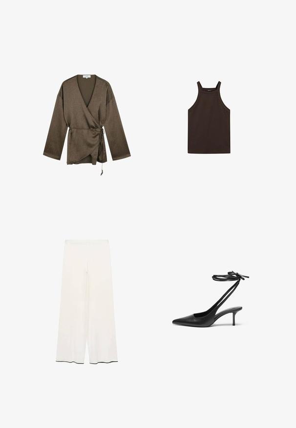 Brown long-sleeve wrap blouse with V-neck, tied at the waist with a thin string, and a subtle textured fabric pattern.; Massimo Dutti HALTER NECK - Top - dark brown; Wide-leg trousers in cream fabric with a smooth texture. Features a clean waistband and black trim along the hem for contrast.; Black leather stiletto shoe with a pointed toe, open back, and ankle straps tied in a bow. Slim 3-inch heel. Smooth texture, minimalist design.