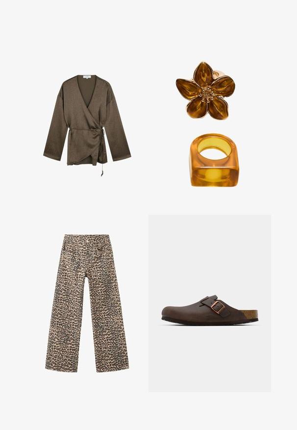 Ruske pitkähihaisessa kietaisupaidassa on V-kaula-aukko, ja se on sidottu vyötärölle ohuella narulla. Paidassa on hienovarainen tekstuurikuvio.; Valkoinen lyhythihainen T-paita, joka on tehty puuvillasta. Siinä on pyöreä kaula-aukko ja rento malli. Silkkinen pinta ilman näkyviä kuvioita tai koristeita.; Kankahousut, jotka on valmistettu denimiistä, tan-värisestä kankaasta mustalla leopardikuvioinnilla; sisältää viisi taskua ja etupainikkeen sulkemisen.; Ruskea nahkakengät, joissa on leveä hihna ja kuparinen solki. Kengät sisältävät teksturoitua korkkijalatukea ja paksun mustan kumipohjan.; Kellertävä kukkakehys, jolla on kiiltävä pinta ja pyöreä keskipiste, yhdessä vastaavanmuotoisen neliömäisen kellertävän sormuksen kanssa.