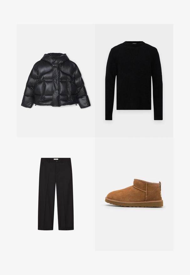 DSQUARED2 ICON PUFFER KABAN - Doudoune - black; Filippa K SWEATER - Pullover - black; T-shirt blanc à manches courtes, à coupe décontractée, posé à plat sur un fond gris clair.; Pantalons larges noirs en tissu lisse. Comprend une fermeture avec bouton et zip, deux poches avant et une finition ourlée nette.; Bottine en suède beige avec un bout rond, des détails de couture subtils et une semelle en caoutchouc texturée. Hauteur courte sans lacets.