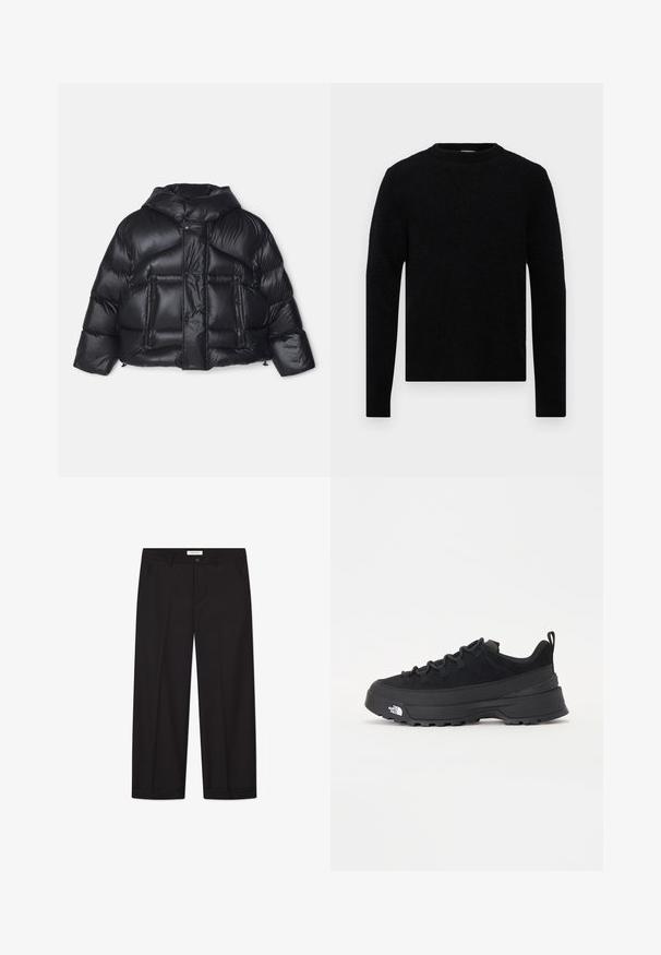 DSQUARED2 ICON PUFFER KABAN - Untuvatakki - black; Filippa K SWEATER - Neule - black; Litte valkoiset lyhythihainen rento T-paita asetettuna tasaiseksi vaaleanharmaata taustaa vasten.; Mustat leveälahkeiset housut, jotka on valmistettu sileästä kankaasta. Ominaisuuksiin kuuluu nappi- ja vetoketjusuljenta, kaksi etutaskua ja siisti helman viimeistely.; Mustamustad välisjalanõud suede ülemise, tekstuuriga kummist tallaga ja tugeva paelaga. Varustatud tugevdatud kanna ja brändi logoga külgedel.