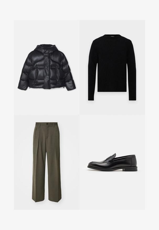 DSQUARED2 ICON PUFFER KABAN - Μπουφάν με πούπουλα - black; Filippa K SWEATER - Πουλόβερ - black; Filippa K WIDE TROUSERS - Παντελόνι - driftwood; Μαύρες δερμάτινες μπαλαρίνες με λεία υφή, στρογγυλή μύτη και διακοσμητική ταινία πάνω από το επάνω μέρος. Χαμηλός καπιτώνας, μινιμαλιστικός σχεδιασμός.