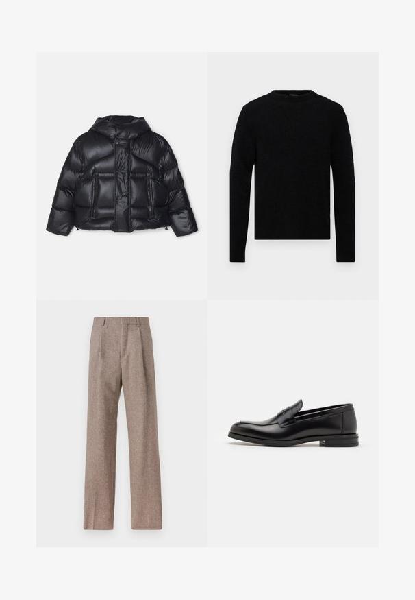 DSQUARED2 ICON PUFFER KABAN - Μπουφάν με πούπουλα - black; Filippa K SWEATER - Πουλόβερ - black; Καφέ παντελόνι με ψηλή μέση από υφαντό ύφασμα. Διαθέτει φαρδιές καβάτζες και δύο μανίκια μπροστά για δομή. Καθαρή φινίρισμα χωρίς ορατό εξοπλισμό.; Μαύρες δερμάτινες μπαλαρίνες με λεία υφή, στρογγυλή μύτη και διακοσμητική ταινία πάνω από το επάνω μέρος. Χαμηλός καπιτώνας, μινιμαλιστικός σχεδιασμός.