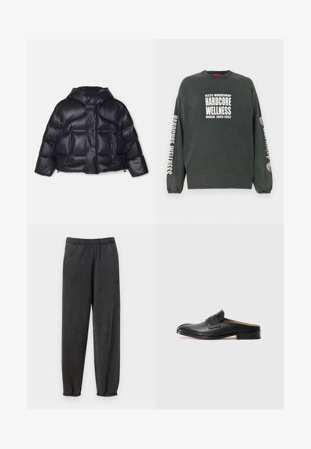 DSQUARED2 ICON PUFFER KABAN - Doudoune - black; T-shirt à manches longues gris foncé avec le texte blanc "032C Workshop Hardcore Wellness Berlin 2025-2032" sur le devant et les manches, avec des poignets élastiques.; Han Kjøbenhavn REGULAR PANTS UNISEX - Pantalon de survêtement - grey; Chaussure noire en cuir à enfiler, avec un bout rond, un petit talon carré et une sangle à l'avant. Texture lisse avec un subtil logo sur la sangle.
