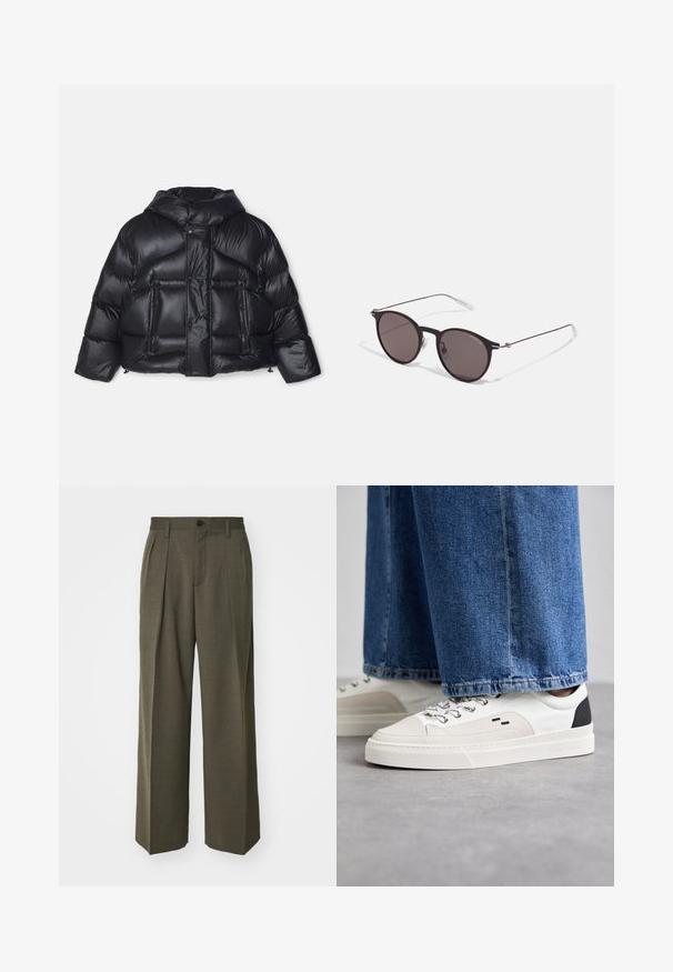 DSQUARED2 ICON PUFFER KABAN - Daunenjacke - black; Schwarzes Baumwoll-T-Shirt mit Rundhalsausschnitt, kurzen Ärmeln und dem "EMPORIO ARMANI"-Logo in Weiß über dem geschwungenen Schriftzug "Milano".; Filippa K WIDE TROUSERS - Stoffhose - driftwood; Weiße und schwarze Sneaker mit einem Obermaterial aus glattem Leder, strukturierten Akzenten und einer massiven weißen Sohle. Verfügt über ein klassisches Schnürdesign.; Schwarze runde Sonnenbrille mit dunklen Gläsern und schlanken Metallbügeln. Enthält klare Tempelspitzen und silberne Akzente am Scharnier. Minimalistisches Design.