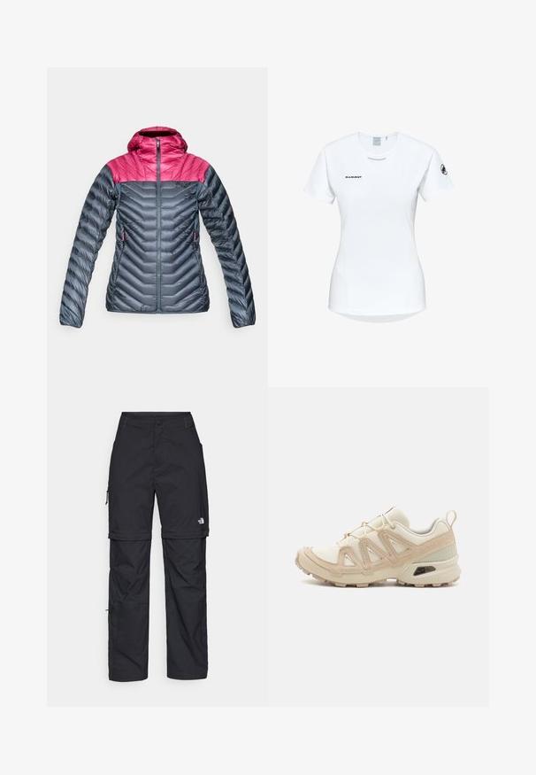 Isoleret jakke med hætte, der har en pink overdel og en mørkegrå krop. Chevron-quilting, lynlåslommer og glat tekstur.; Kortærmet hvid sportsshirt med rund hals, prydet med et logo på brystet og en glat, let stofstruktur.; Sorte nylon cargo bukser med lynlås, justerbare manchetter, flere lommer og et logo på højre ben. Glat, let tekstur.; Beige og creme atletiksko med struktureret mesh-overdel, støttende overlays og gummiyderside med et mønster for trækkraft.