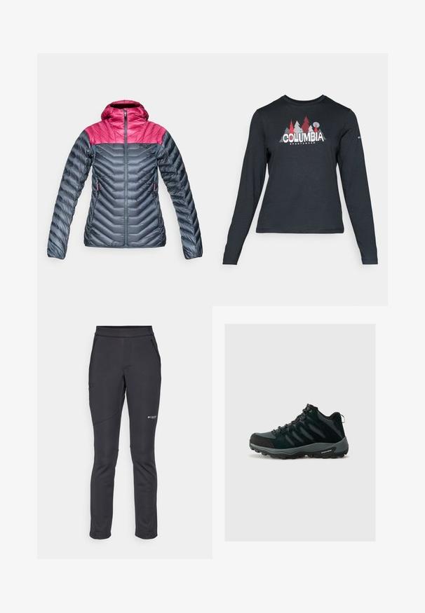 Izolēta jaka ar kapuci, kurai augšējā daļa ir rozā krāsā, bet pārējais ir tumši pelēks. Ar ševronu šuvēm, ar rāvējslēdzēja kabatām un gludu tekstūru.; Tumšs pelēks krekls ar garām piedurknēm, ar grafiku, kurā attēloti sarkani koki un kalni; "COLUMBIA" logo treknā baltā tekstā. Mīksta auduma, standarta apaļa kakla izgriezums.; Melnas mīkstas auduma bikses ar šauru piegriezumu, elastīgu vidukli, sānu rāvējslēdzēja kabatām un šūšanu detaļām uz kājām, kas nodrošina izturību.; Columbia REDMOND - Pārgājienu apavi - black/citron haze