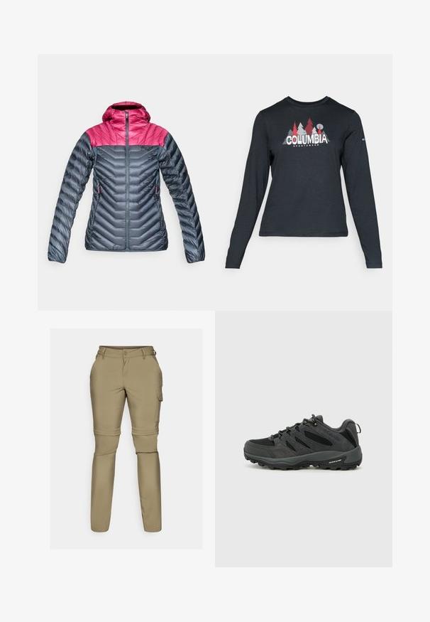 Zateplená bunda s kapucňou, ktorá má ružový horný úsek a tmavosivú časť tela. Chevron prešívanie, zipsové vrecká a hladký povrch.; Dlhý rukáv, tmavošedá košeľa s grafikou červených stromov a hôr; logo "COLUMBIA" v tučnom bielom texte. Mäkká tkanina, štandardný okrúhly výstrih.; Bežové, ľahké, nastaviteľné cargo nohavice s odnímateľnými nohavicami, zapínaním na gombík a bočnými vreckami pre praktické využitie. Hladká, elastická tkanina.; Columbia REDMOND - Turistické topánky - black/citron haze