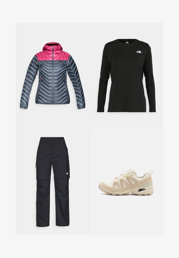 Izoliuotas striukė su kapišonu, turinti rožinę viršutinę dalį ir tamsiai pilką korpusą. Chevron siuvinėjimas, užtrauktukais uždaromos kišenės ir lygi tekstūra.; Juodas ilgomis rankovėmis medvilninis marškinėliai su apvali apykakle. Savybė - mažas baltas logotipas kairėje krūtinės pusėje. Paprastas dizainas ir pritaikymas.; Juodos nailoninės krovinių kelnės su reguliuojamais rankovėmis, daugybe kišenių ir logo ant dešinės kojos. Lygi, lengva tekstūra.; Bežinės ir kreminės spalvos sportinės bateliai su tekstūruoto tinklelio viršutine dalimi, palaikančiomis detalėmis ir guminiais padais, turinčiais raštą, užtikrinantį sukibimą.