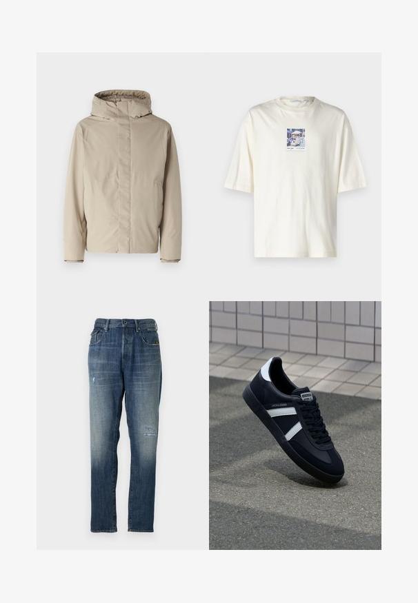 Beige isolierte Jacke mit hohem Kragen und Kapuze, mit einem minimalistischen Design und strukturiertem Stoff. Keine sichtbaren Verschlüsse oder Muster.; Kurzärmliges cremefarbenes T-Shirt aus Baumwolle mit einer quadratischen Grafik einer New Yorker Straßenszene in der Mitte. Standard Crewneck-Design.; Denimjeans in einem verblassten Blau, mit geradem Beinschnitt, moderaten Abnutzungen an der Vorderseite und klassischem Fünf-Taschen-Design.; Schwarze Leder-Sneaker mit weißen Streifen, strukturiertem Gummisohle und Schnürung. Verfügt über ein Markenetikett auf der Zunge.