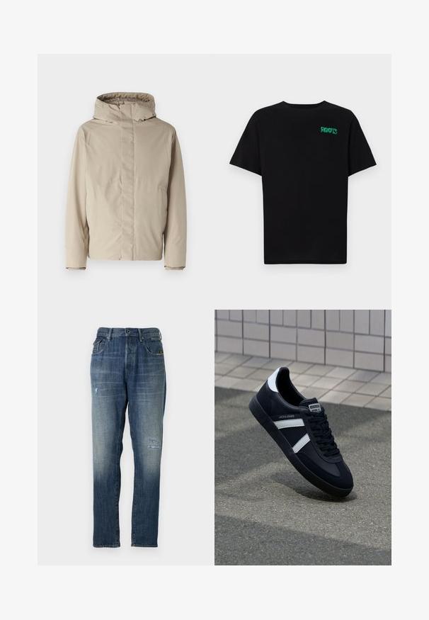 Beige insulated jacket with a high collar and hood, featuring a minimalist design and textured fabric. No visible fastenings or patterns.; Black t-shirt made of cotton with short sleeves. Features a green "ROOTS" logo on the front, round neckline, and standard fit.; Denim jeans featuring a faded blue color, a straight leg design, moderate distressing on the front, and a classic five-pocket style.; Black leather sneaker with white stripes, textured rubber sole, and lace-up front. Features a branded label on the tongue.