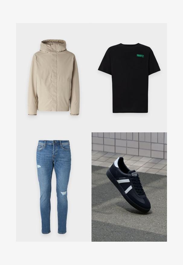 Bežs izolēts cimds ar augstu apkakli un kapuci, kas izceļas ar minimālistisku dizainu un teksturētu audumu. Nav redzamu aizdaru vai rakstu.; Melna kokvilnas t-kreka ar īsām piedurknēm. Uz priekšu ir zaļa "ROOTS" logo, apaļa kakla izgriezums un standarta piegriezums.; Izbalējuši zili džinsi ar šauru piegriezumu, kas iekļauj izsistās zonas pie ceļgaliem, pogas aizdari un piecu kabatu dizainu.; Melnā ādas sporta apavi ar baltām svītrām, teksturēta gumijas zole un auklu aizdare. Iekļauj zīmola etiķeti uz mēles.