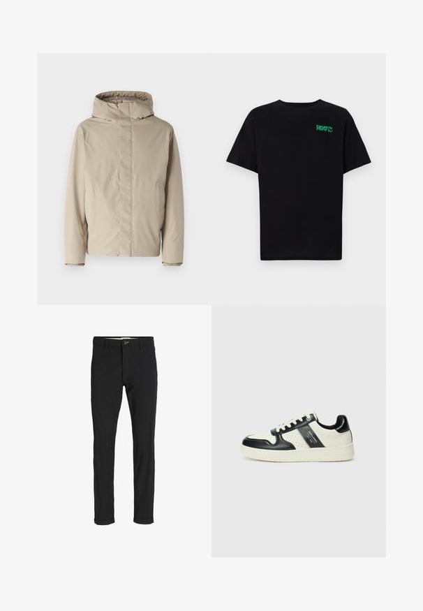 Beige insulated jacket with a high collar and hood, featuring a minimalist design and textured fabric. No visible fastenings or patterns.; Black t-shirt made of cotton with short sleeves. Features a green "ROOTS" logo on the front, round neckline, and standard fit.; Black cotton blend pants with a slim fit, featuring a button closure, pockets, and rolled cuffs for a casual finish.; Leather sneakers with a black and cream color scheme, featuring perforated accents, a padded collar, and a textured outsole.