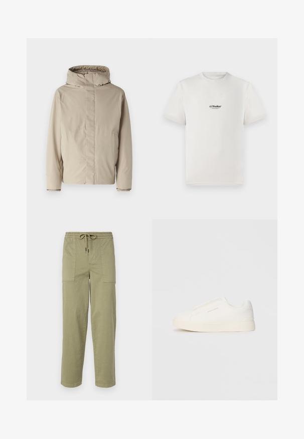 Beige geïsoleerde jas met een hoge kraag en capuchon, met een minimalistisch ontwerp en textuurstof. Geen zichtbare sluitingen of patronen.; Witte katoenen t-shirt met korte mouwen, voorzien van een zwart "JJ Studios" logo op de borst. Ronde hals en een standaard pasvorm.; Licht olijfgroene broek van een katoenmix, met een elastische tailleband met trekkoord en twee grote zijzakken.; Witte instap sneakers met een gestructureerd oppervlak, een dikke zool en een minimalistisch ontwerp. Bevat het merklogo aan de zijkant.