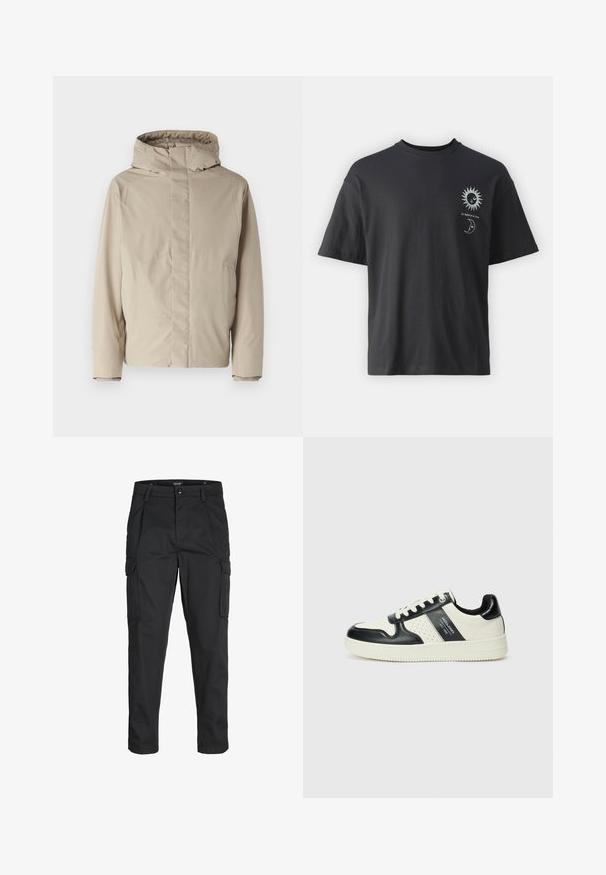 Beige insulated jacket with a high collar and hood, featuring a minimalist design and textured fabric. No visible fastenings or patterns.; Black cotton t-shirt with short sleeves, round neck, and front graphics of a sun and moon, accompanied by text "Le Soleil et La Lune."; Black cargo pants made of sturdy fabric, featuring multiple pockets, a button closure, and a slim fit design with tapered legs.; Leather sneakers with a black and cream color scheme, featuring perforated accents, a padded collar, and a textured outsole.