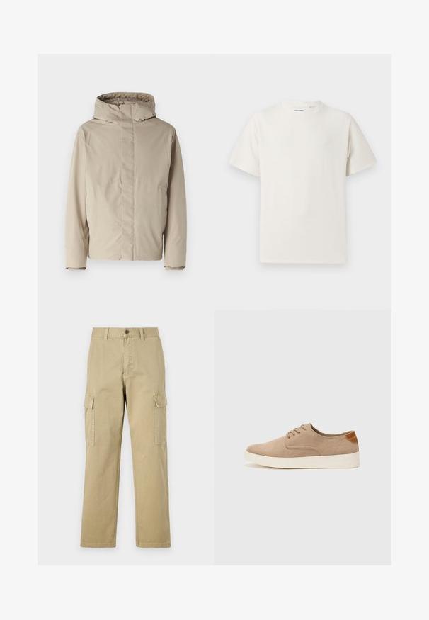 Veste isolée beige avec un haut col et une capuche, présentant un design minimaliste et un tissu texturé. Pas de fermetures ni de motifs visibles.; T-shirt blanc à manches courtes en texture côtelée. Encolure ronde, coupe décontractée, sans motifs ni accents visibles. Design simple et polyvalent.; Pantalons cargo beiges en coton, dotés de deux poches latérales, d'une fermeture à bouton et de jambes droites avec un tissu légèrement texturé.; Baskets en daim beige avec un embout arrondi, un laçage sur le devant et un accent texturé à l'arrière. La semelle en caoutchouc blanche offre un contraste. Design simple et moderne.