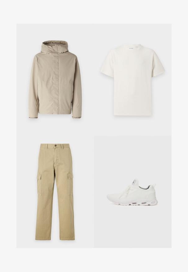 Béžová zateplená bunda s vysokým límcem a kapucí, která má minimalistický design a texturovanou tkaninu. Bez viditelných zapínání nebo vzorů.; Bílý krátký rukáv tričko s pružnou strukturou. Kulatý výstřih, volný střih, bez viditelných vzorů nebo detailů. Jednoduchý a univerzální design.; Beige cargo kalhoty vyrobené z bavlny, s dvěma bočními kapsami, knoflíkovým zapínáním a rovnými nohavicemi z mírně texturované látky.; Bílé sportovní boty s texturovaným pleteným svrškem, plochými tkaničkami a polstrovanou podešví s viditelnými vzduchovými komorami pro zvýšenou podporu.