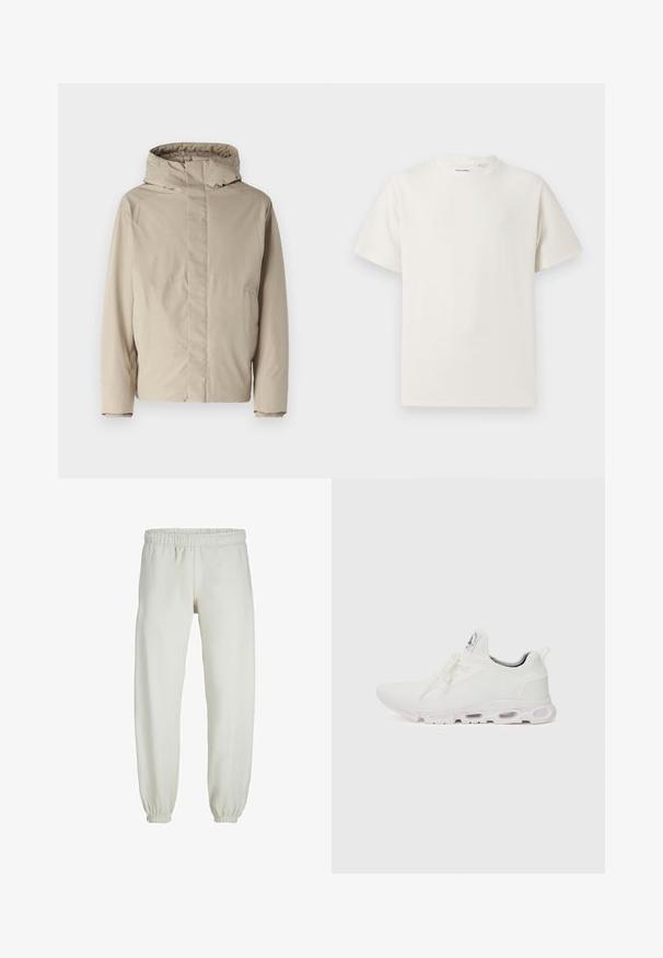 Veste isolée beige avec un haut col et une capuche, présentant un design minimaliste et un tissu texturé. Pas de fermetures ni de motifs visibles.; T-shirt blanc à manches courtes en texture côtelée. Encolure ronde, coupe décontractée, sans motifs ni accents visibles. Design simple et polyvalent.; Pantalons de survêtement blancs en tissu doux, avec une taille et des poignets élastiques, présentant une texture lisse et un design ample.; Baskets blanches de sport avec un dessus en maille texturée, des lacets plats et une semelle rembourrée avec des chambres à air visibles pour un soutien supplémentaire.