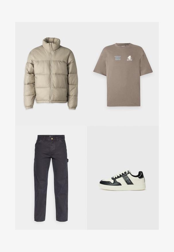 Kafijas krāsas pufersjaka ar augstu apkakli, ar rāvējslēdzēju priekšā un elastīgām aprocēm. Iezīmējas ar kvadrātu tekstūru un kvadrātveida dizainu.; Brūns kokvilnas t-krekls ar apaļu kakla izgriezumu. Priekšpusē ir zils teksts "Universal Athletic Apparel" un balts "4th quarter" logo. Īsas piedurknes.; Tumši pelēki kravas bikses, kas izgatavotas no izturīga auduma, ar taisnu piegriezumu, piecām kabatām un pogu aizdari viduklī.; Ādas sporta apavi ar melnbaltu krāsu shēmu, ar perforētiem akcentiem, mīkstinātu apkakli un teksturētu zoli.