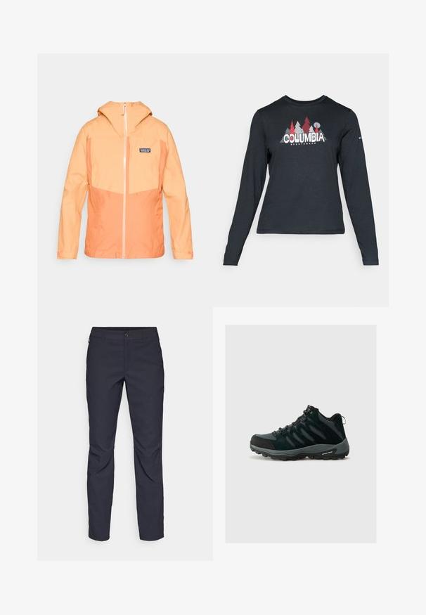 Lett, hettejakke i oransje nyanser med kontrasterende kremfarget glidelås. Har brystlomme og elastiske mansjetter for sikker passform.; Langermet mørkegrå skjorte med grafikk av røde trær og fjell; "COLUMBIA" logo i fet hvit tekst. Mykt stoff, standard rund hals.; Marineblå bukser laget av glatt stoff, med frontknappelukking, slim-fit design og pressede detaljer ved knærne.; Columbia REDMOND - Fjellsko - black/citron haze
