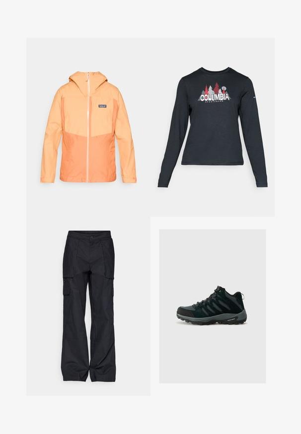 Lahka jakna s kapuco v oranžnih odtenkih z kontrastnim kremnim zadrgo. Ima žep na prsih in elastične manšete za varno prileganje.; Majica z dolgimi rokavi temno siva z grafiko rdečih dreves in gora; logotip "COLUMBIA" v krepki beli barvi. Mehka tkanina, standarden krojen ovratnik.; Columbia BREA FALLS™ COTTON RIPSTOP PANT - Hlače za na prostem - black; Columbia REDMOND - Pohodniški čevlji - black/citron haze