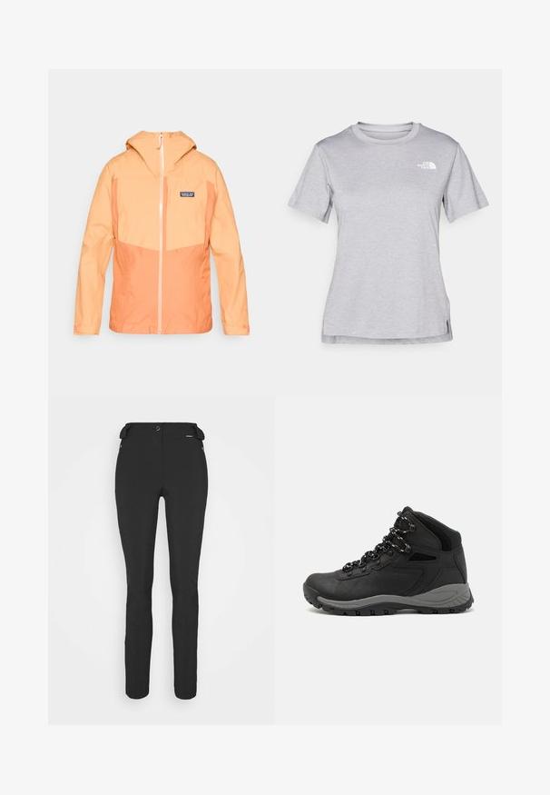 Giacca leggera con cappuccio in tonalità arancio con zip a contrasto crema. Presenta una tasca sul petto e polsini elasticizzati per una vestibilità sicura.; T-shirt grigio a maniche corte realizzato in morbido tessuto traspirante. Presenta un collo tondo e un piccolo logo bianco nella parte superiore sinistra.; Pantaloni neri aderenti realizzati in materiale flessibile. Presentano una tasca laterale con zip, ginocchia articolate e una texture liscia.; Stivale da trekking nero con design a metà altezza, dotato di una tomaia texturizzata, accenti grigi e suola in gomma resistente con tasselli per la trazione.