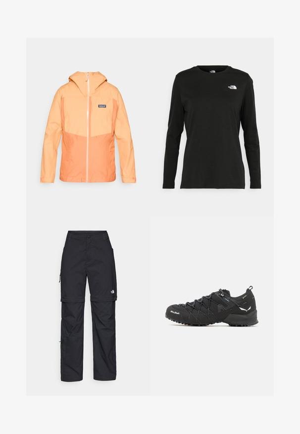 Kevyt, hupparimallinen takki oransseissa sävyissä, jossa on kontrastivärinen kermaava zippi. Takissa on rintatasku ja elastiset hihansuut, jotka takaavat turvallisen istuvuuden.; Musta pitkähihaisen t-paita, joka on valmistettu puuvillasta ja jossa on pyöreä kaula-aukko. Vasemmassa rinnassa on pieni valkoinen logo. Yksinkertainen muotoilu ja istuvuus.; Mustat nailonista valmistetut irrotettavat cargo-housut säädettävillä lahkeilla, useilla taskuilla ja logolla oikeassa jalassa. Liukas, kevyt rakenne.; Mustat vaelluskengät, joissa on teksturoitu kangaspinta, nauhakiinnitys ja kestävä kumipohja. Korostettu heijastavilla yksityiskohdilla ja logoilla.