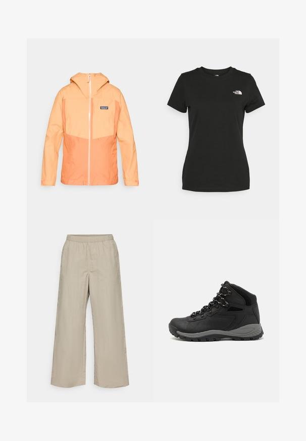 Lightweight, hooded jacket in orange hues with contrasting cream zip. Features a breast pocket and elastic cuffs for secure fit.; Black cotton t-shirt featuring a crew neckline and short sleeves. Notable white logo on the upper left side. Smooth texture, casual fit.; Wide-leg trousers in light beige fabric with an elastic waistband, smooth texture, and no visible hardware or patterns.; Black hiking boot with a mid-top design, featuring a textured upper, gray accents, and durable rubber sole with traction lugs.